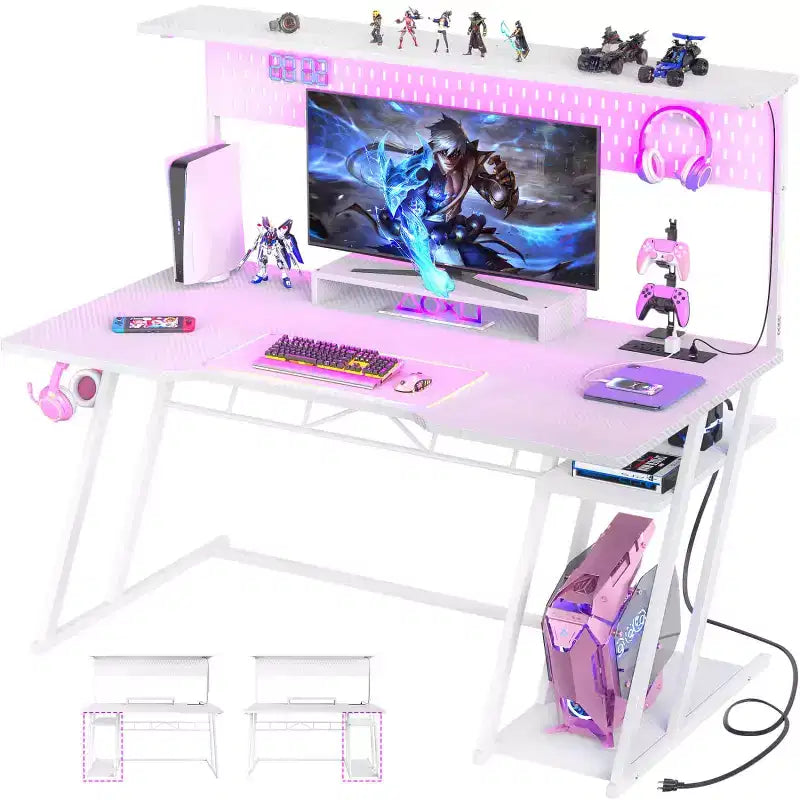 Bureau gaming en MDF et métal avec étagère, panneau perforé et éclairage RGB 55''L x 54.33''H