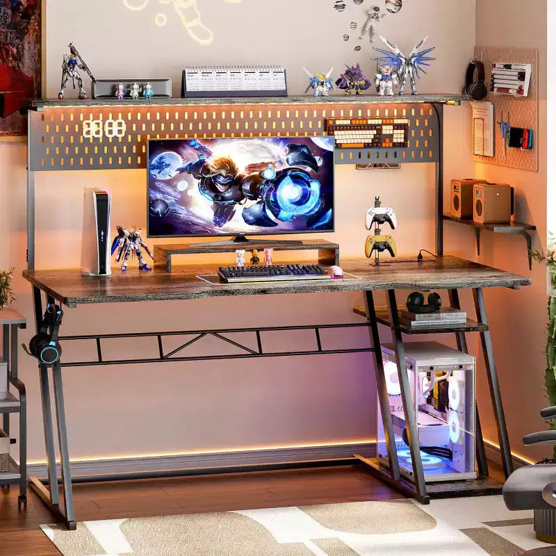 Bureau gaming en MDF et métal avec étagère, panneau perforé et éclairage RGB 55''L x 54.33''H