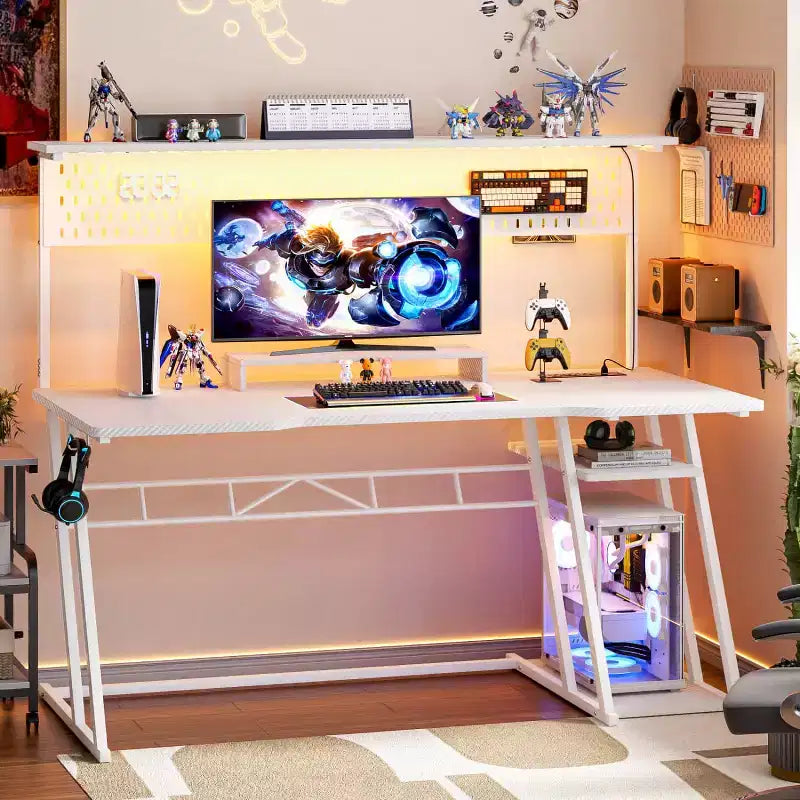 Bureau gaming en MDF et métal avec étagère, panneau perforé et éclairage RGB 55''L x 54.33''H