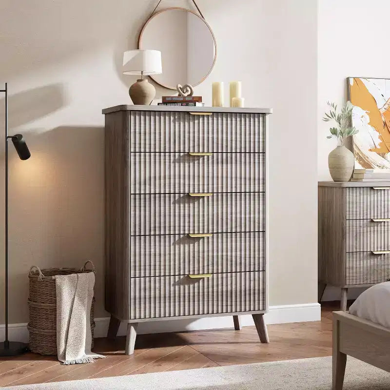 Commode à 5 tiroirs cannelée en MDF 80 cm (L) x 120 cm (H)