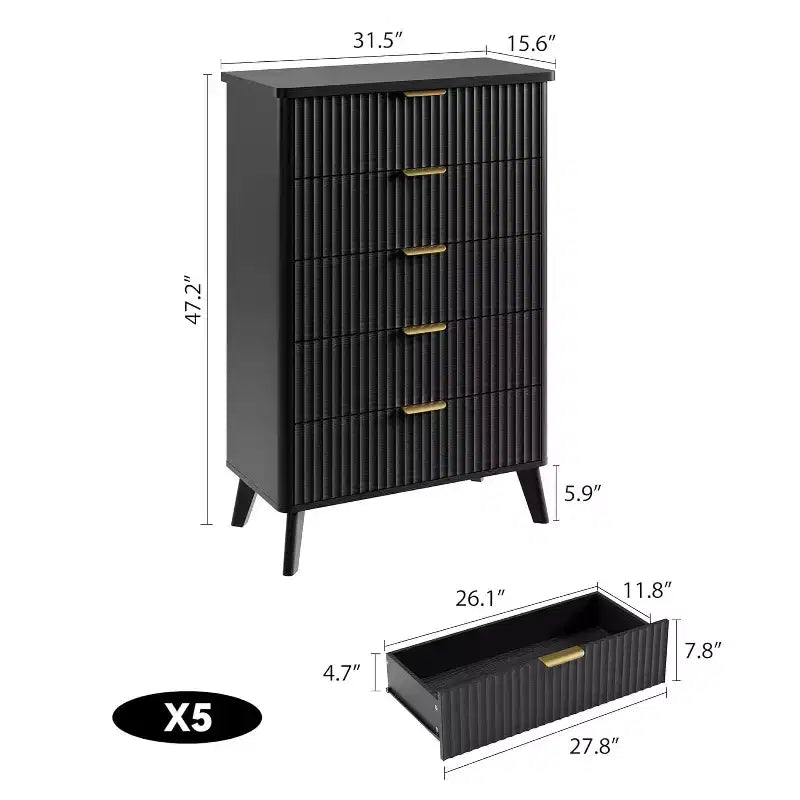 Commode à 5 tiroirs cannelée en MDF 80 cm (L) x 120 cm (H)