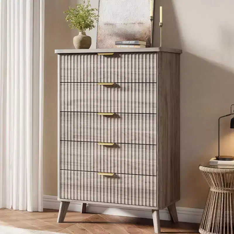 Commode à 5 tiroirs cannelée en MDF 80 cm (L) x 120 cm (H)
