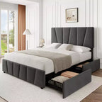 COZONY Twin/Queen Bed Frame with Adjustable Headboard & 4 Storage Drawers, Velvet Tufted Platform Bed
