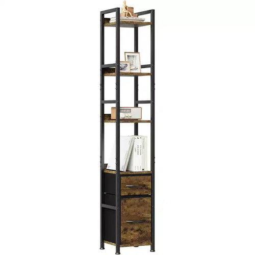 6 Tier Industrial Bookshelf, Tall Narrow Bookcase with 2 Fabric Drawers, Metal Frame Book Shelf, Freestanding Display Shelf Storage Organizer