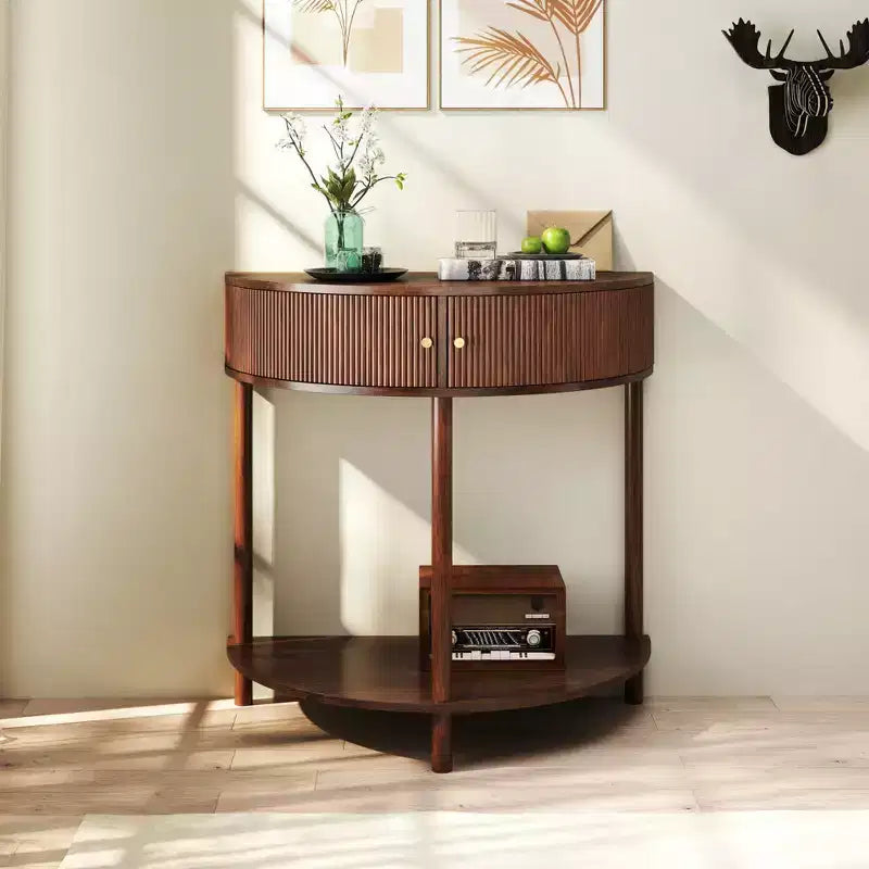 Console demi-lune en MDF avec tiroirs ondulés 3D et étagère ouverte 80 cm (L) x 82 cm (H) Marron