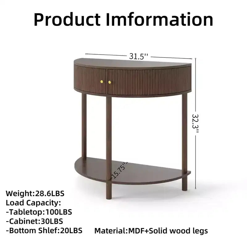 Console demi-lune en MDF avec tiroirs ondulés 3D et étagère ouverte 80 cm (L) x 82 cm (H) Marron