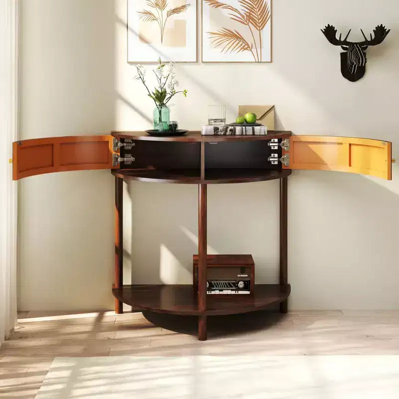 Console demi-lune en MDF avec tiroirs ondulés 3D et étagère ouverte 80 cm (L) x 82 cm (H) Marron