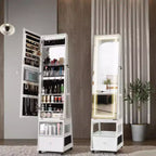 Acekool 360 Swivel Jewelry Armoire Cabinet with Mirror, Lighting & Storage, Matte White Organizer for Bedroom