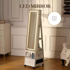 Armoire à bijoux pivotante à 360° en bois avec miroir LED et intérieur en velours 168 cm H Blanc mat