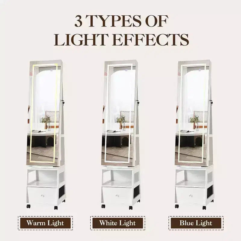 Armoire à bijoux pivotante à 360° en bois avec miroir LED et intérieur en velours 168 cm H Blanc mat