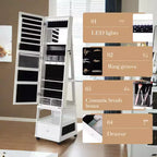 Armoire à bijoux pivotante à 360° en bois avec miroir LED et intérieur en velours 168 cm H Blanc mat