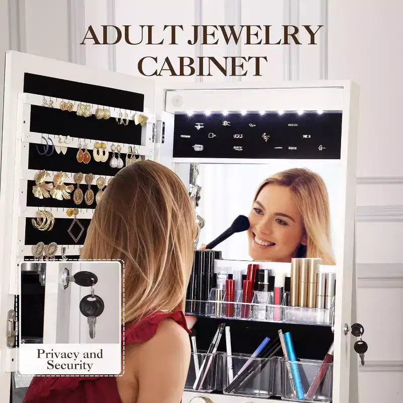 Armoire à bijoux pivotante à 360° en bois avec miroir LED et intérieur en velours 168 cm H Blanc mat