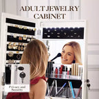 Armoire à bijoux pivotante à 360° en bois avec miroir LED et intérieur en velours 168 cm H Blanc mat