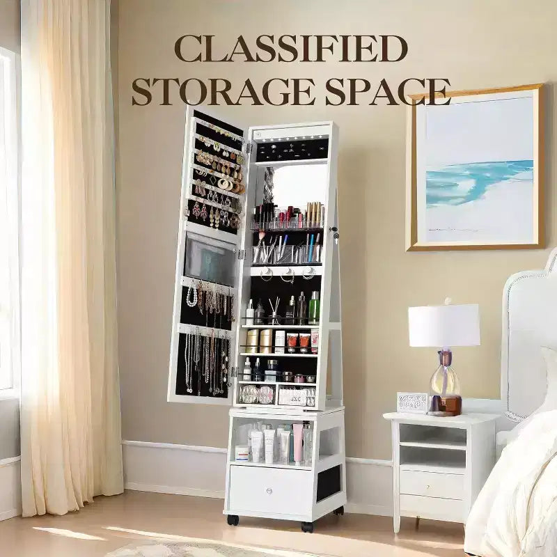 Armoire à bijoux pivotante à 360° en bois avec miroir LED et intérieur en velours 168 cm H Blanc mat