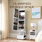 Armoire à bijoux pivotante à 360° en bois avec miroir LED et intérieur en velours 168 cm H Blanc mat