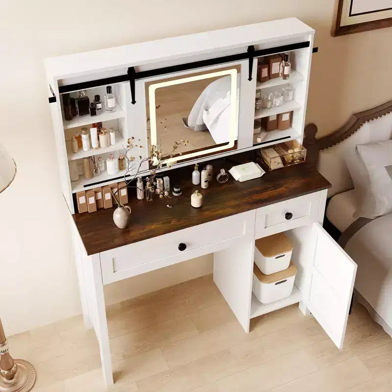 Coiffeuse en métal et bois avec miroir LED et prises de courant 41,85" L x 55" H Blanc
