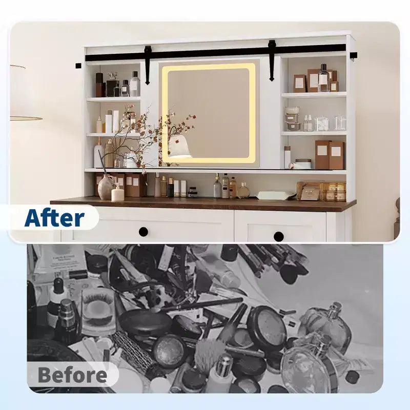 Coiffeuse en métal et bois avec miroir LED et prises de courant 41,85" L x 55" H Blanc