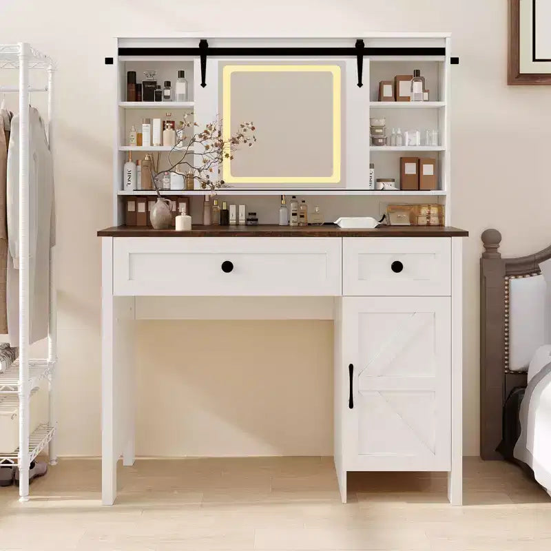 Coiffeuse en métal et bois avec miroir LED et prises de courant 41,85" L x 55" H Blanc