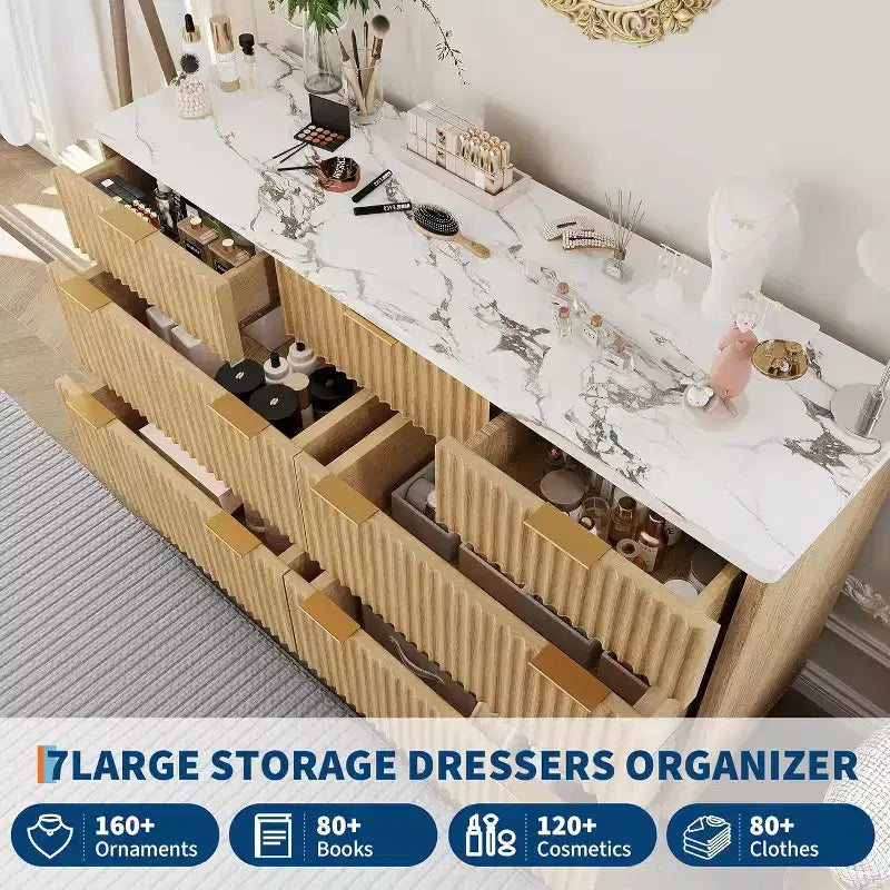 Commode à 7 tiroirs cannelée en bois d'ingénierie 53,94''L x 32''H