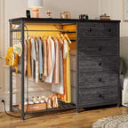 Commode en tissu à 6 tiroirs avec cadre métallique et tringle à vêtements 120 cm de haut Gris