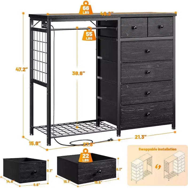 Commode en tissu à 6 tiroirs avec cadre métallique et tringle à vêtements 120 cm de haut Gris