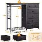 Commode en tissu à 6 tiroirs avec cadre métallique et tringle à vêtements 120 cm de haut Gris