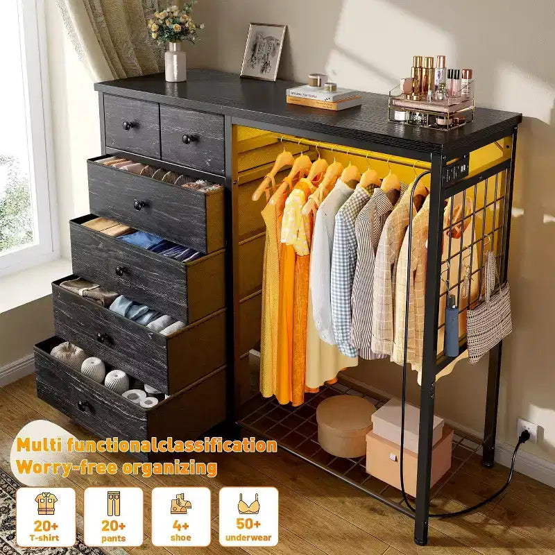 Commode en tissu à 6 tiroirs avec cadre métallique et tringle à vêtements 120 cm de haut Gris
