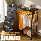 Commode en tissu à 6 tiroirs avec cadre métallique et tringle à vêtements 120 cm de haut Gris