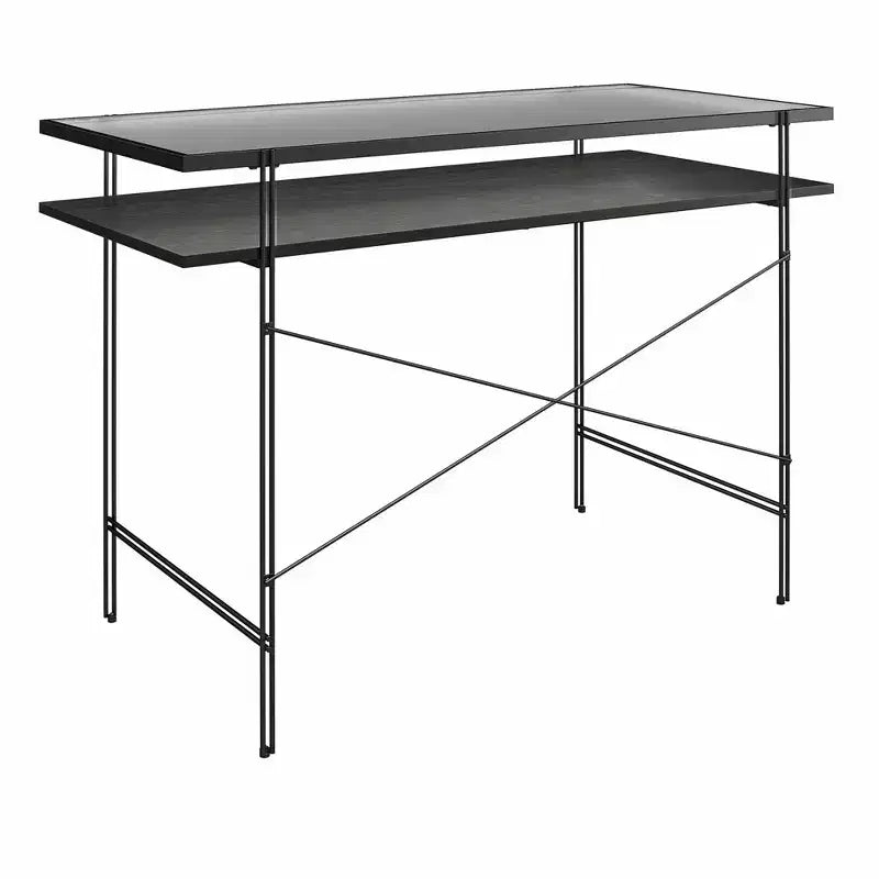 Bureau en métal et panneaux de particules avec plateau en verre cannelé et étagère ouverte 43,25''L x 29,5''H Noir