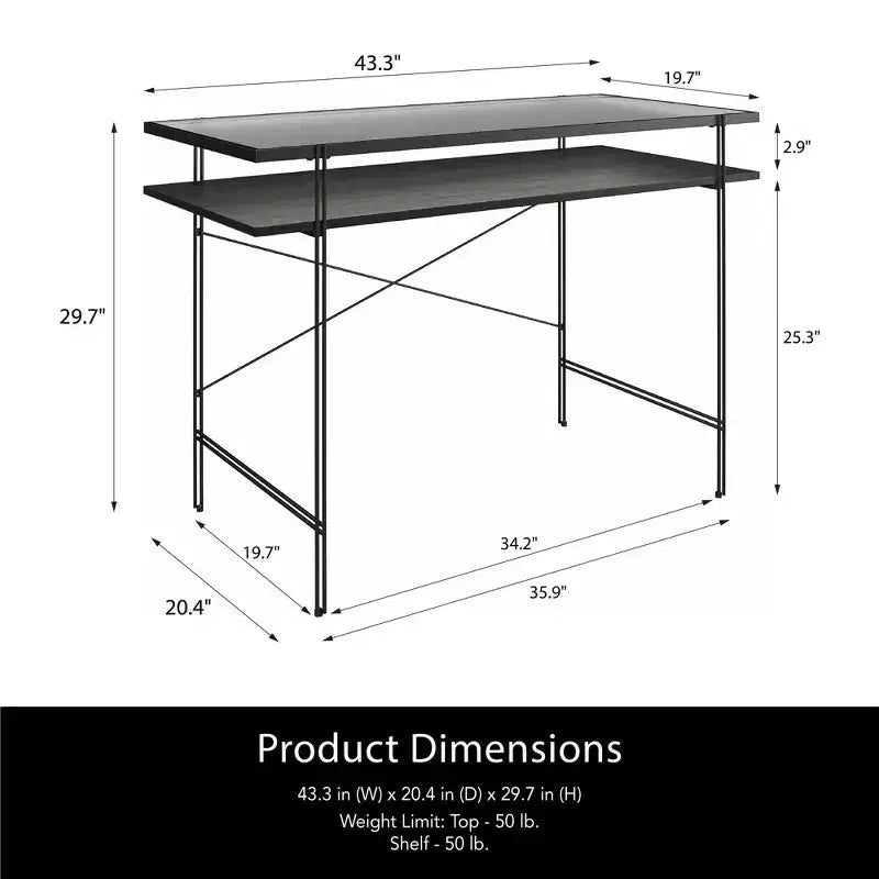 Bureau en métal et panneaux de particules avec plateau en verre cannelé et étagère ouverte 43,25''L x 29,5''H Noir