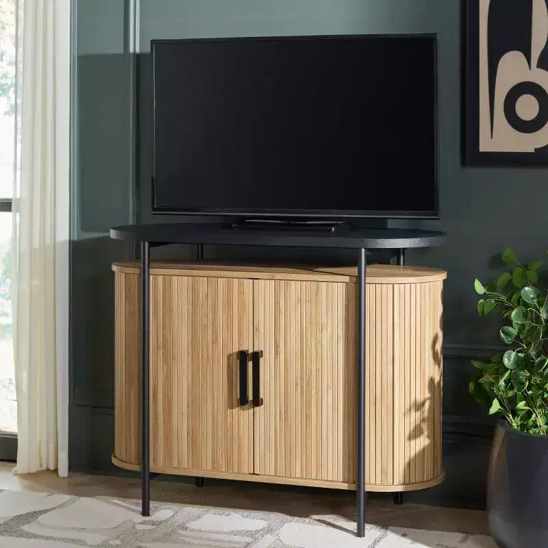 Meuble TV compact à portes coulissantes en MDF et acier, 100 cm (L) x 80,5 cm (H)