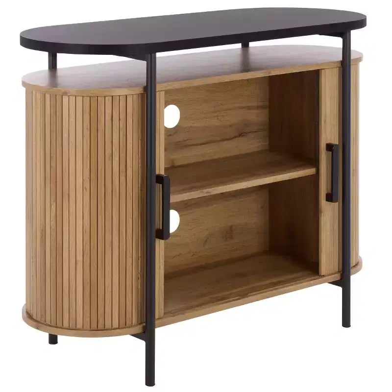 Meuble TV compact à portes coulissantes en MDF et acier, 100 cm (L) x 80,5 cm (H)