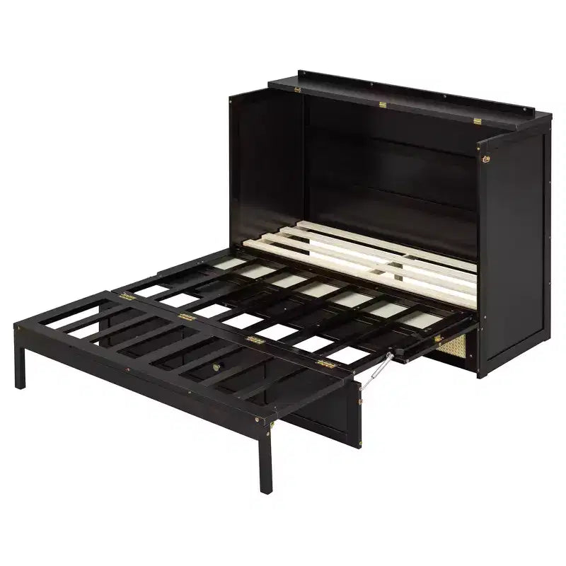 Lit escamotable complet en contreplaqué et MDF avec façade en rotin et tiroirs de rangement