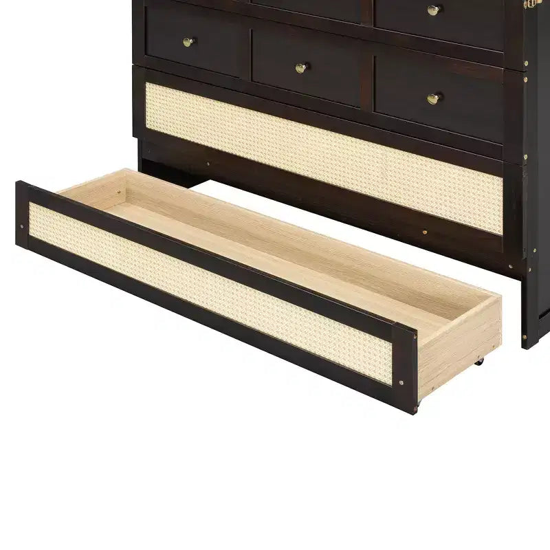 Lit escamotable complet en contreplaqué et MDF avec façade en rotin et tiroirs de rangement