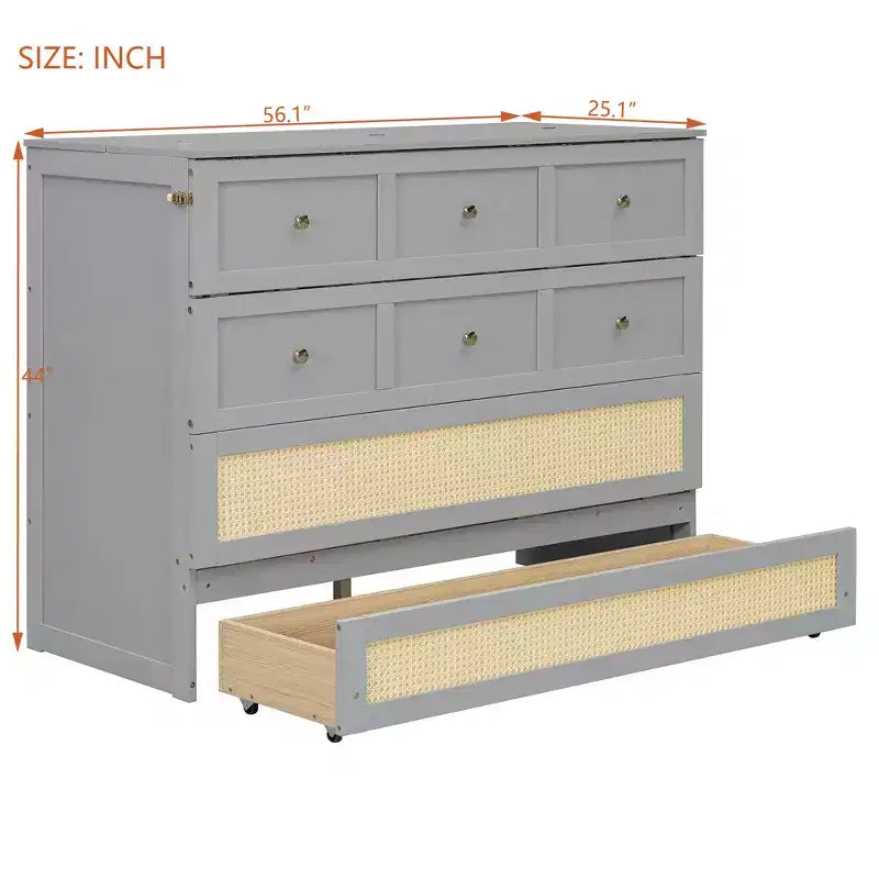 Lit escamotable complet en contreplaqué et MDF avec façade en rotin et tiroirs de rangement