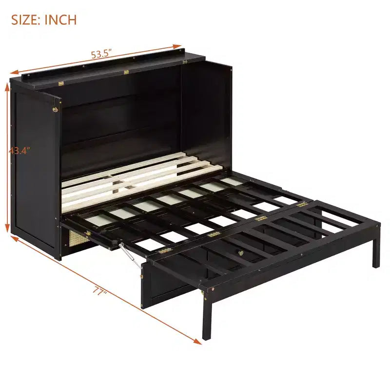 Lit escamotable complet en contreplaqué et MDF avec façade en rotin et tiroirs de rangement