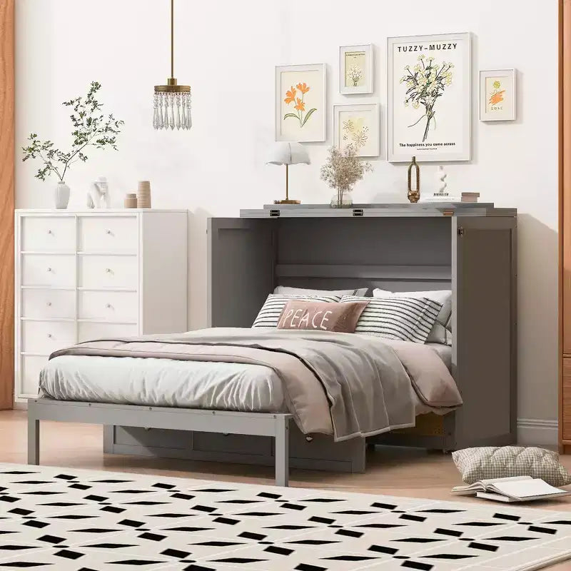 Lit escamotable complet en contreplaqué et MDF avec façade en rotin et tiroirs de rangement