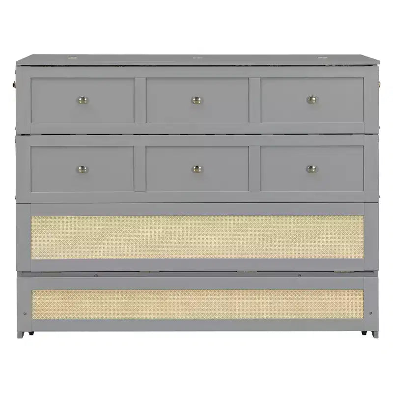Lit escamotable complet en contreplaqué et MDF avec façade en rotin et tiroirs de rangement