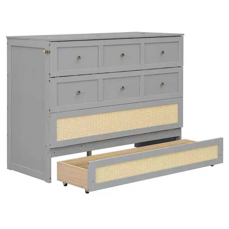 Lit escamotable complet en contreplaqué et MDF avec façade en rotin et tiroirs de rangement