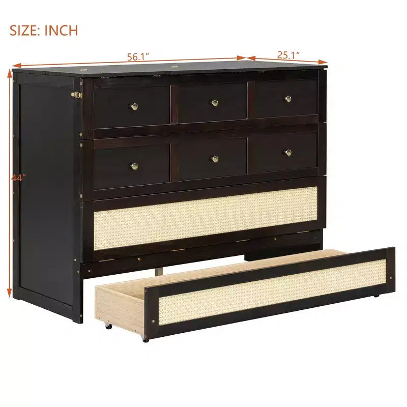 Lit escamotable complet en contreplaqué et MDF avec façade en rotin et tiroirs de rangement