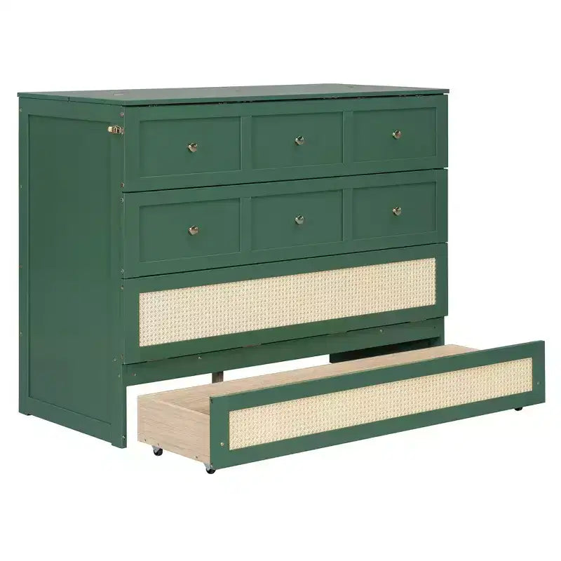 Lit escamotable complet en contreplaqué et MDF avec façade en rotin et tiroirs de rangement