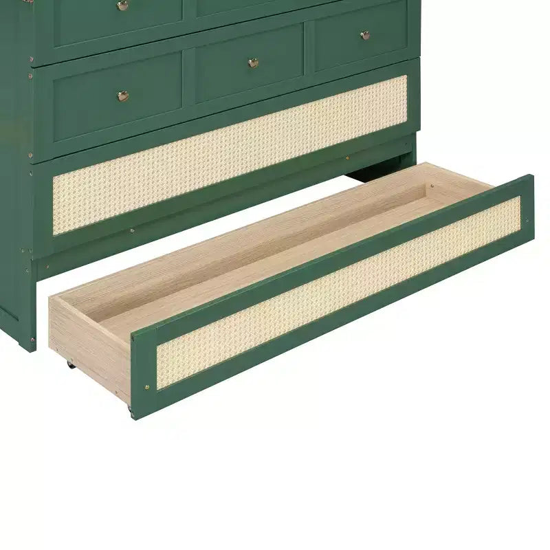 Lit escamotable complet en contreplaqué et MDF avec façade en rotin et tiroirs de rangement