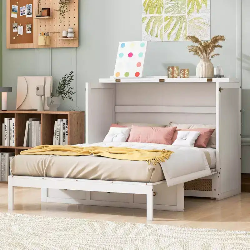 Lit escamotable complet en contreplaqué et MDF avec façade en rotin et tiroirs de rangement
