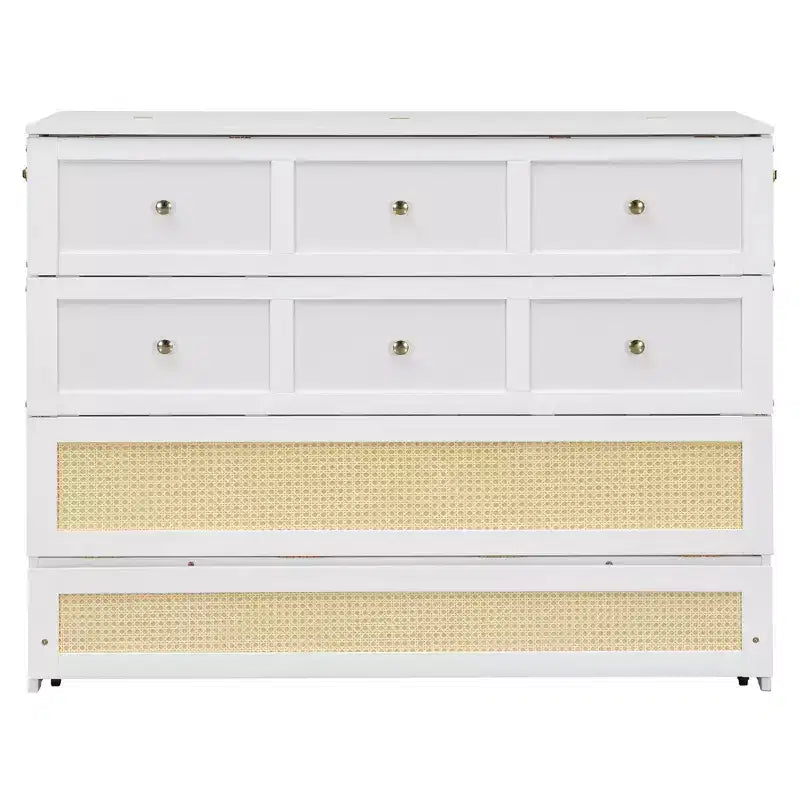 Lit escamotable complet en contreplaqué et MDF avec façade en rotin et tiroirs de rangement
