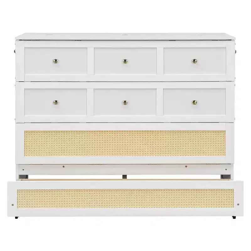 Lit escamotable complet en contreplaqué et MDF avec façade en rotin et tiroirs de rangement