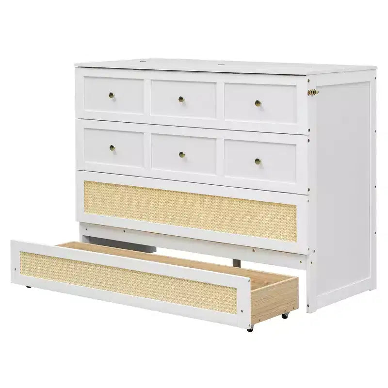 Lit escamotable complet en contreplaqué et MDF avec façade en rotin et tiroirs de rangement