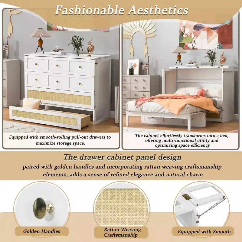 Lit escamotable complet en contreplaqué et MDF avec façade en rotin et tiroirs de rangement