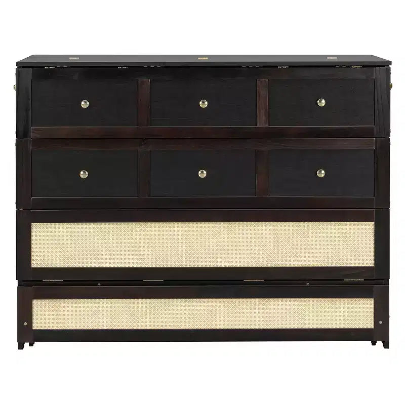 Lit escamotable complet en contreplaqué et MDF avec façade en rotin et tiroirs de rangement