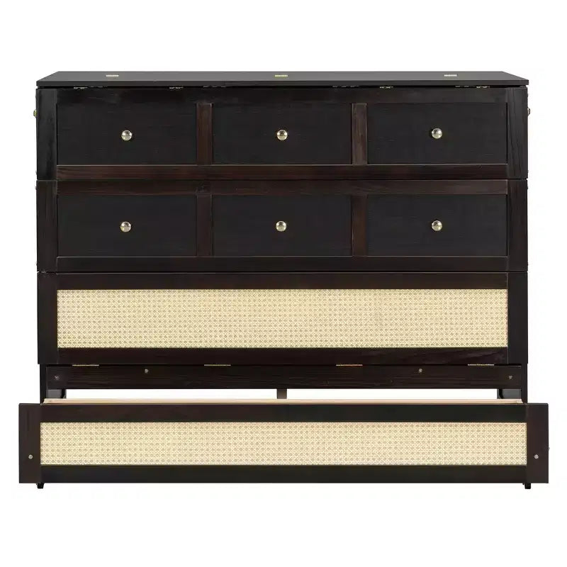 Lit escamotable complet en contreplaqué et MDF avec façade en rotin et tiroirs de rangement