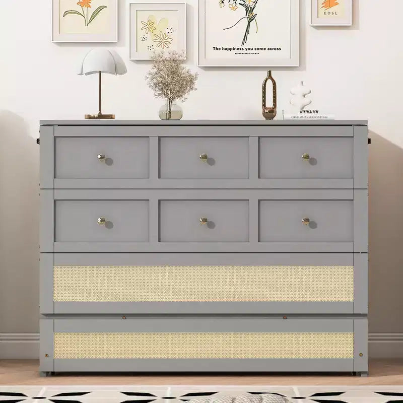 Lit escamotable complet en contreplaqué et MDF avec façade en rotin et tiroirs de rangement